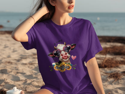 Cute Floral Sunflower Cow Graphic T-Shirt