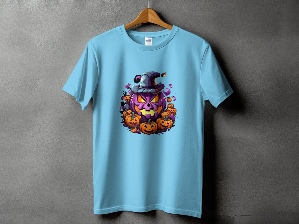 Light blue t-shirt with a Halloween jack-o'-lantern graphic wearing a witch hat.
