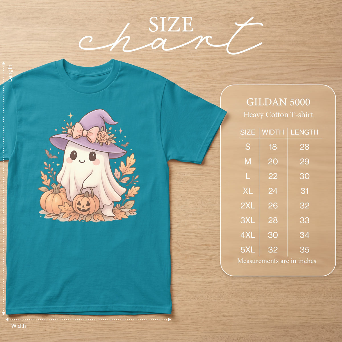 Teal t-shirt with cartoon ghost and pumpkins, Gildan 5000 size chart.