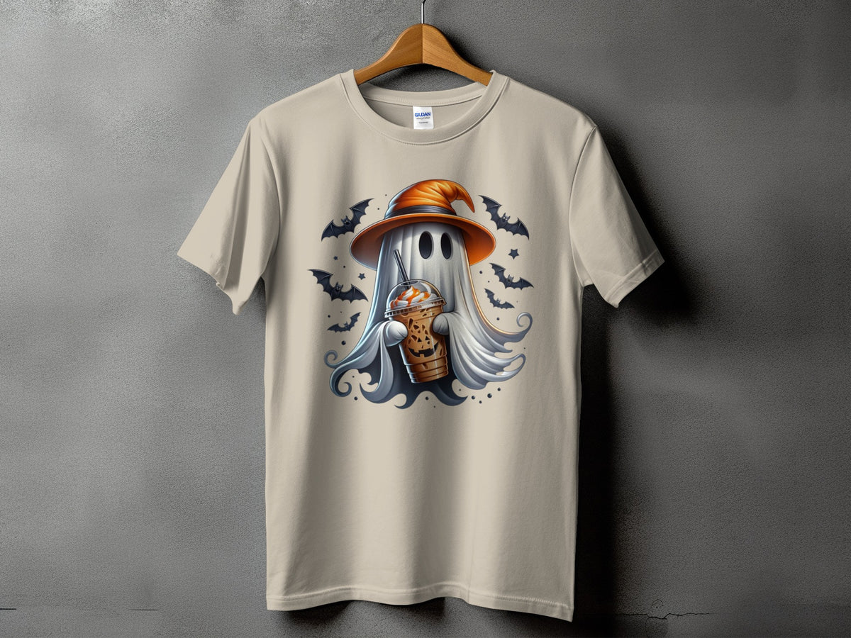 Ghost in witch hat holding coffee cup with bats around.