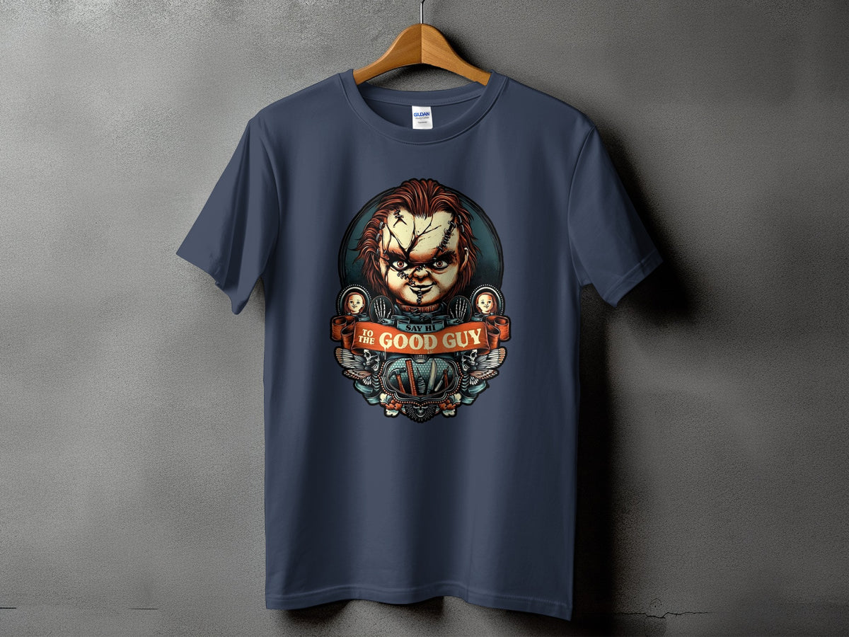 Dark navy t-shirt with Chucky's face and "Say Hi to the Good Guy" text.