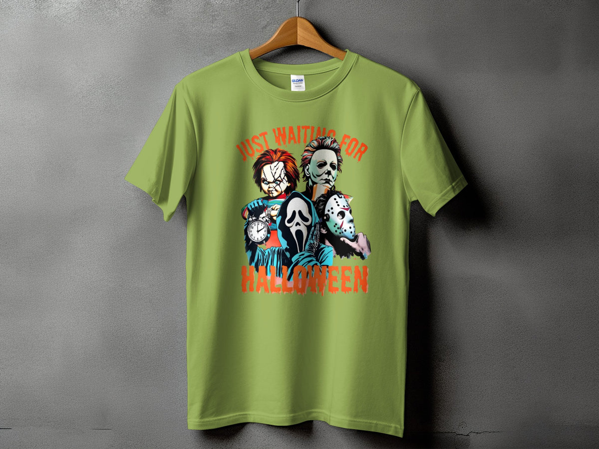 Light green t-shirt featuring horror characters and "Just Waiting For Halloween" text.