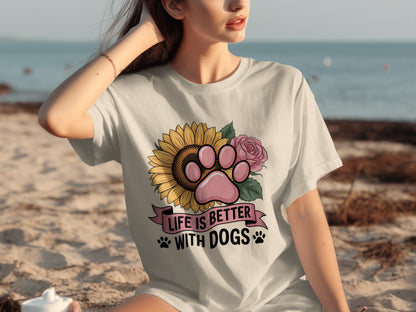 Life Is Better With Dogs Flower Paw Print Shirt
