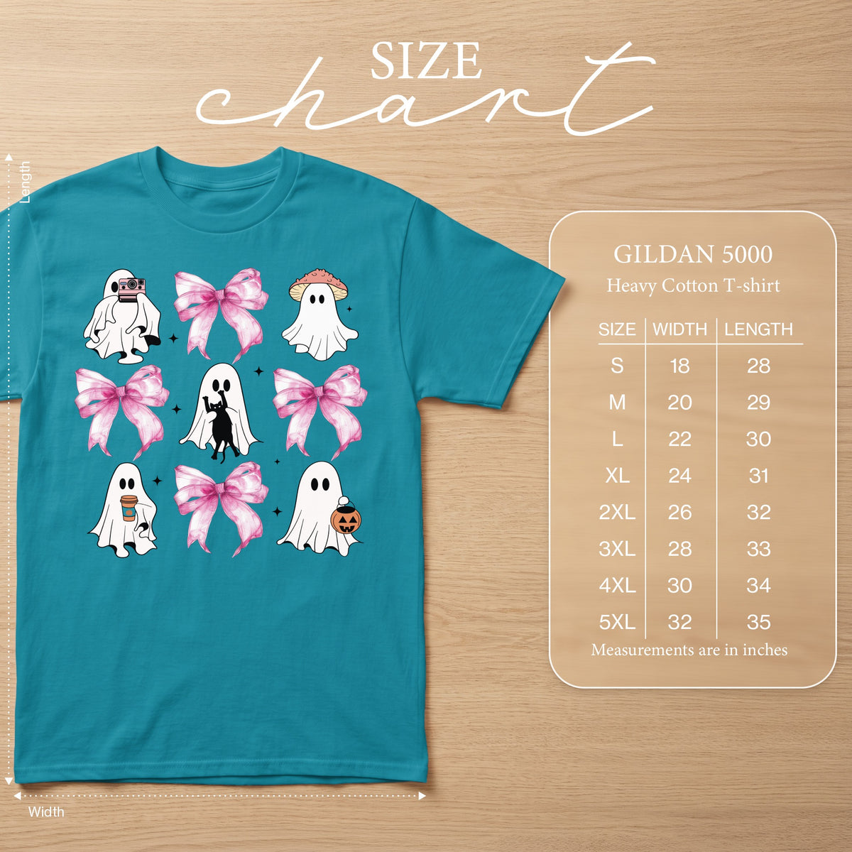 Teal t-shirt with ghosts, bows, and a black cat graphic. Size chart included.