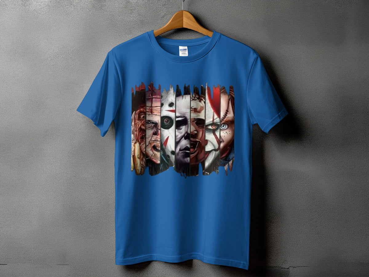 Blue t-shirt with horror movie character collage print across the chest.
