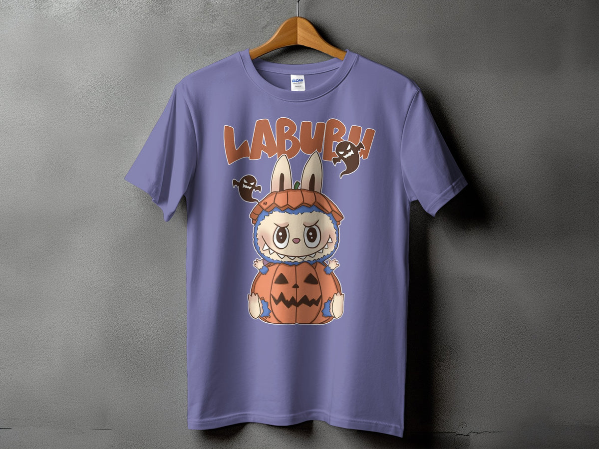 Purple t-shirt with "LABURB" text and a cartoon creature in a pumpkin costume.