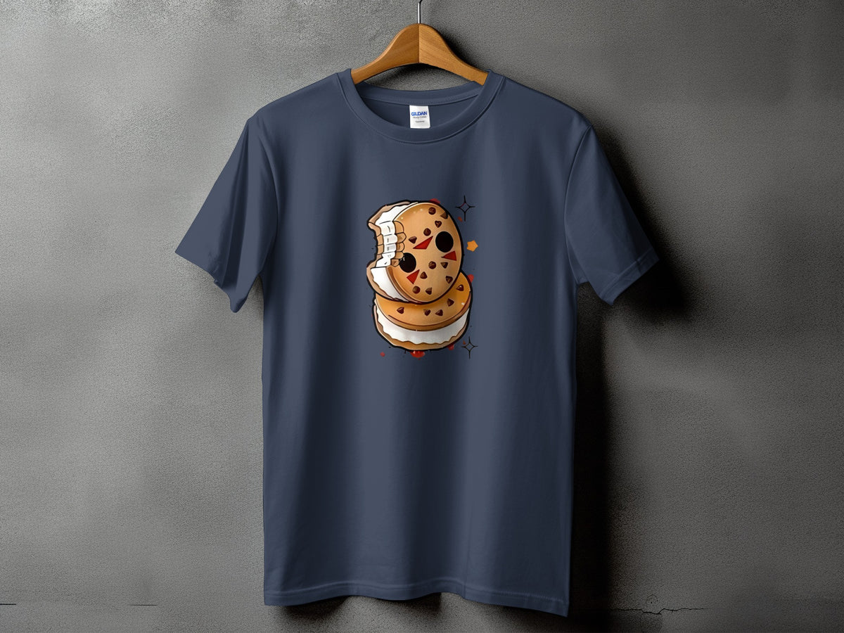 Dark blue t-shirt with a graphic of a bitten ice cream sandwich with a horror theme.