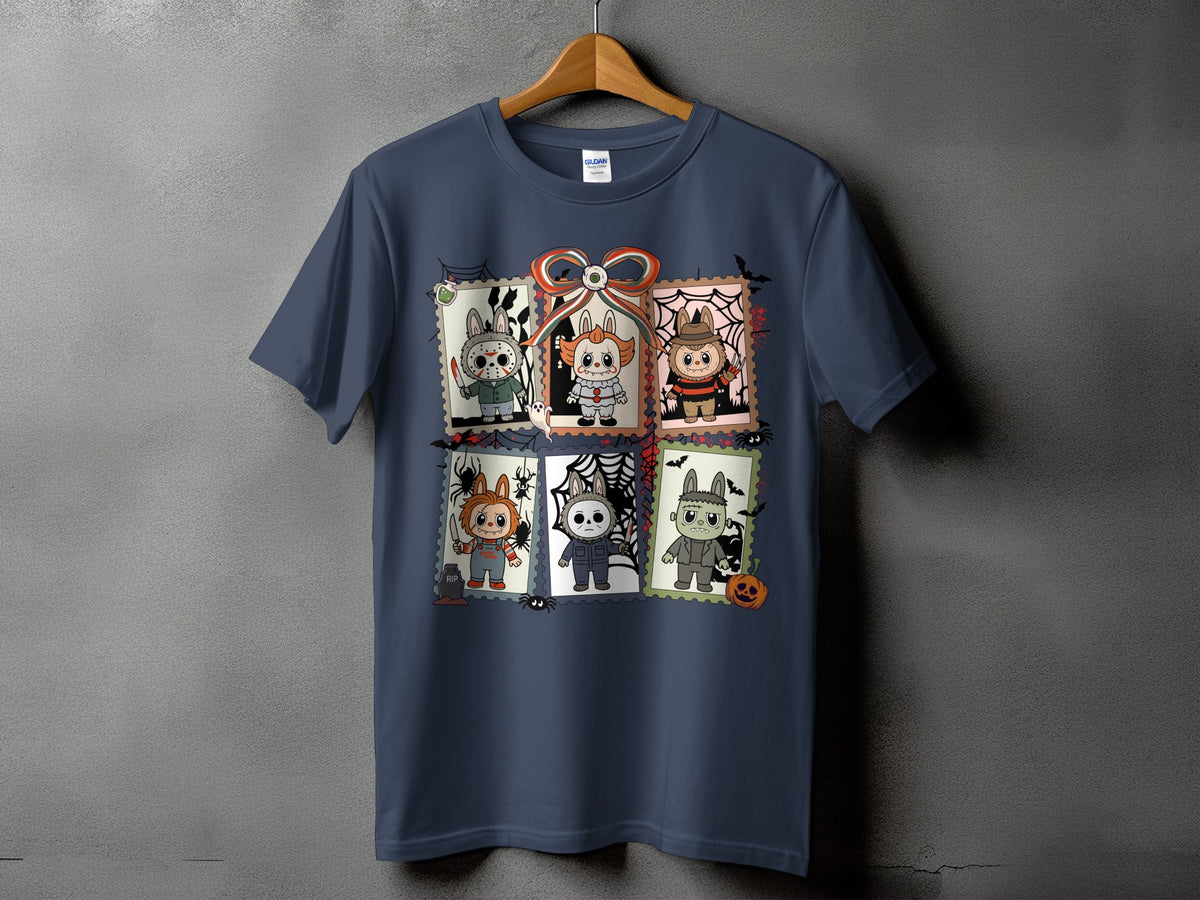 Dark blue t-shirt with six Halloween characters in stamp frames and a central bow.