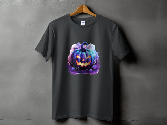 Dark grey t-shirt with a glowing, purple and blue Halloween pumpkin graphic.