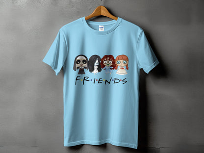 Light blue t-shirt with cartoon horror characters and the word FRIENDS.