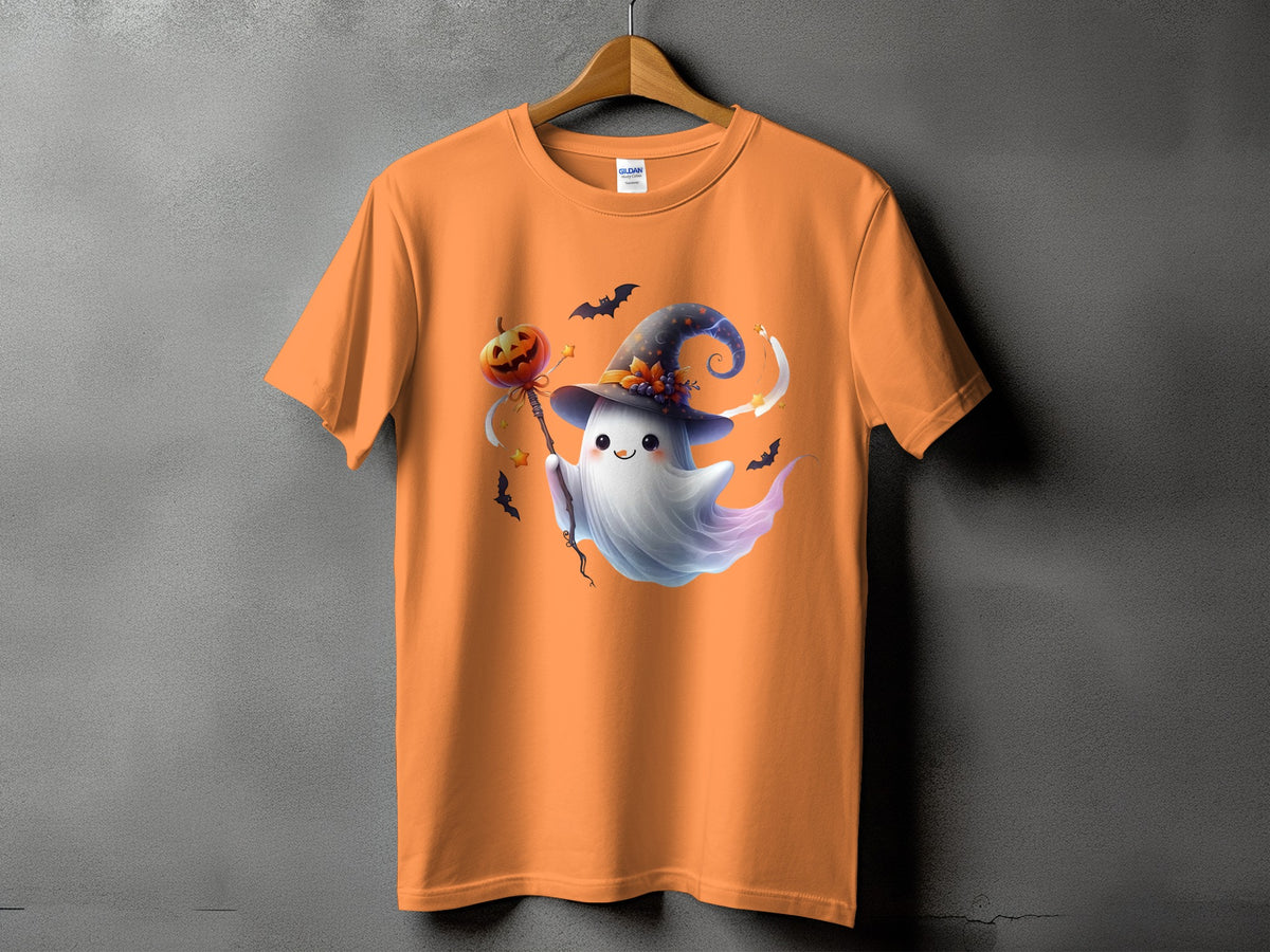 Orange t-shirt featuring a cute ghost in a witch hat with a pumpkin wand.