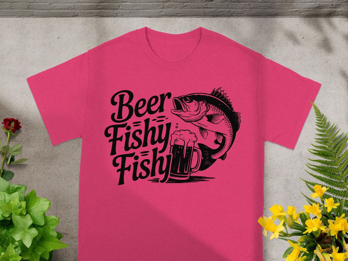 Pink t-shirt with black text "Beer Fishy Fishy" and a fish and beer mug graphic.