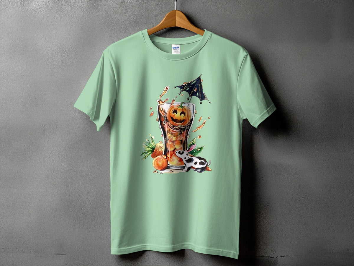 Green t-shirt with a Halloween graphic of a pumpkin in a drink with a rabbit.