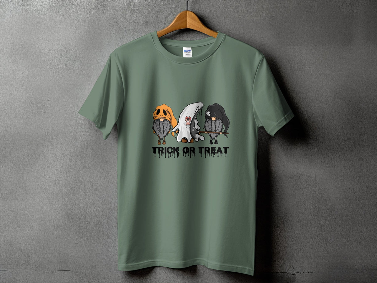 Green t-shirt with three gnomes in Halloween costumes and "Trick or Treat" text.