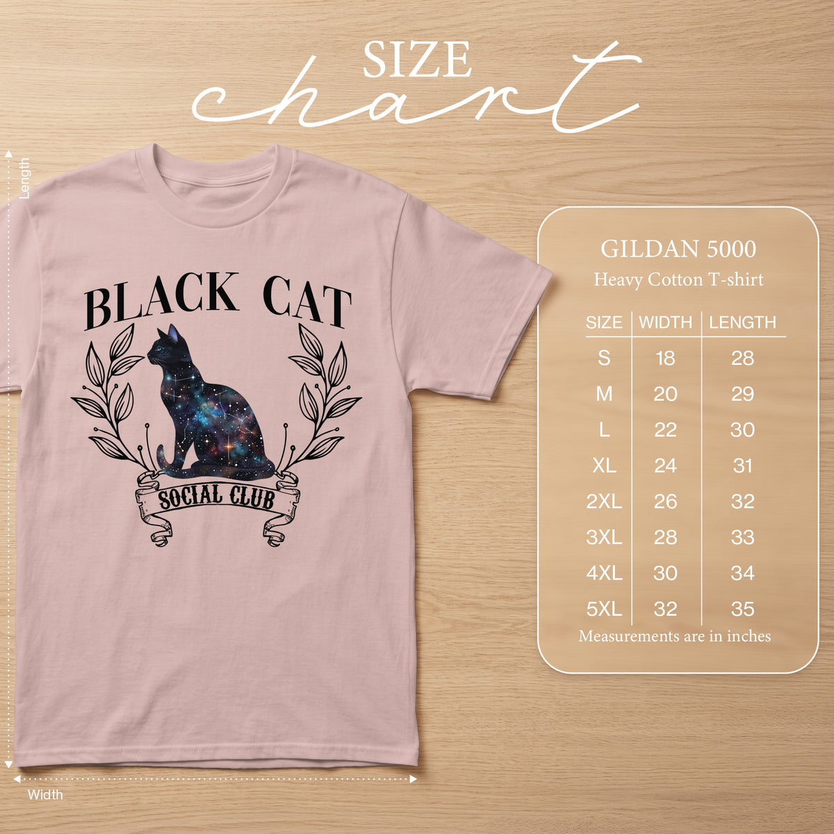 Pink Gildan 5000 heavy cotton t-shirt with galaxy cat graphic and size chart.