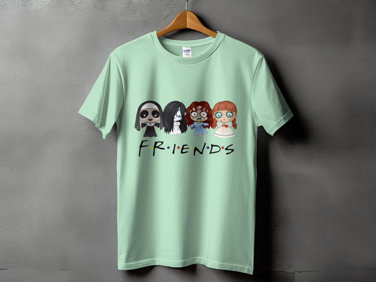 Light green t-shirt with cartoon horror characters and "FRIENDS" logo.