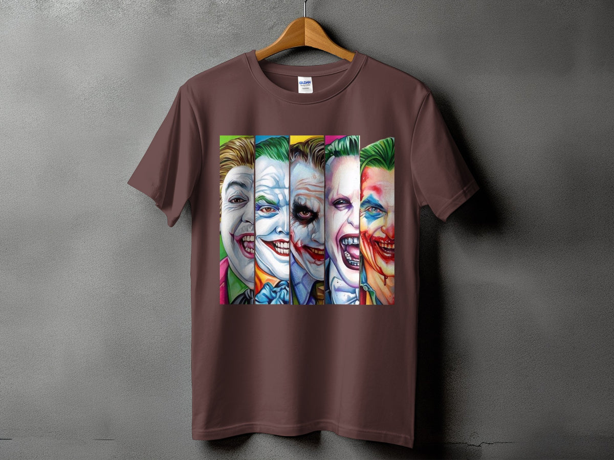 Brown t-shirt with a collage of five distinct Joker faces across the chest.