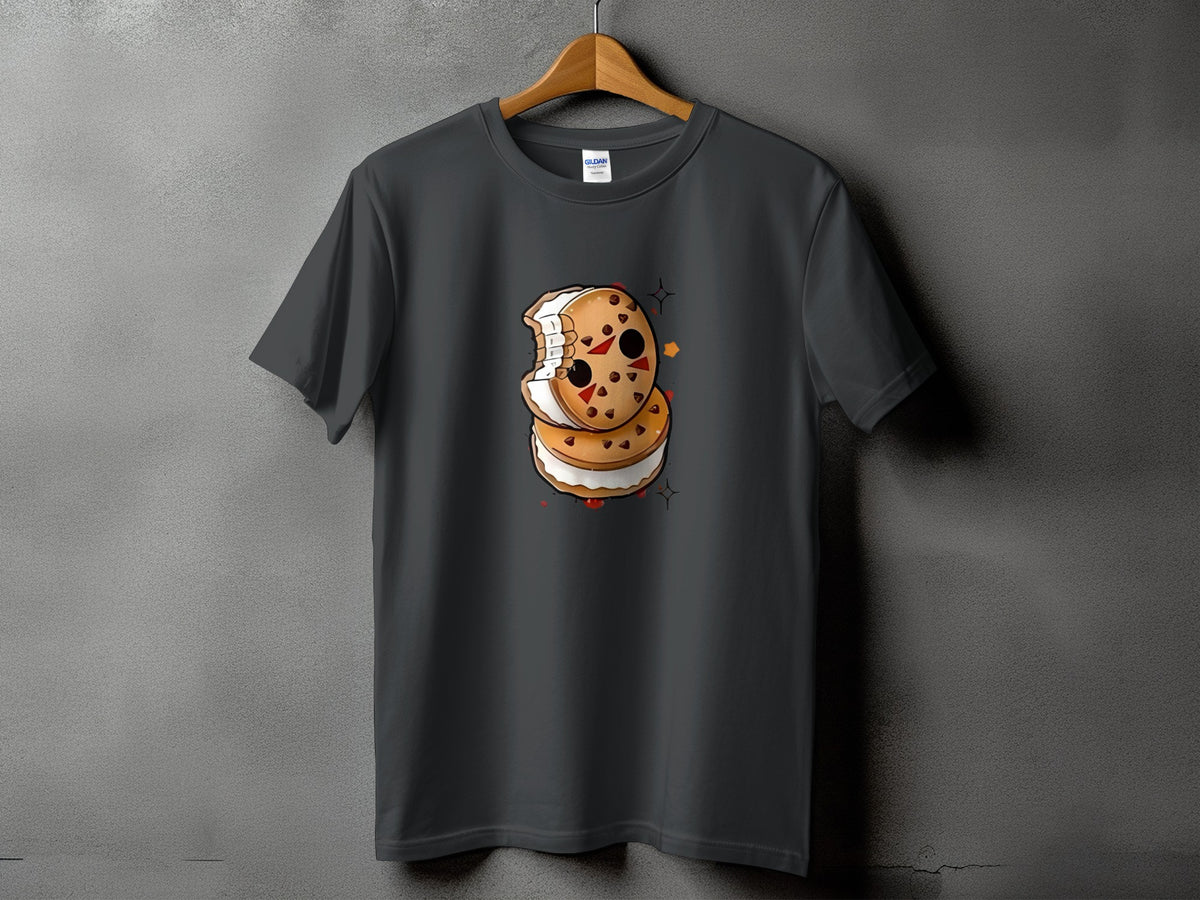 Dark grey t-shirt with a cartoon ice cream sandwich graphic.
