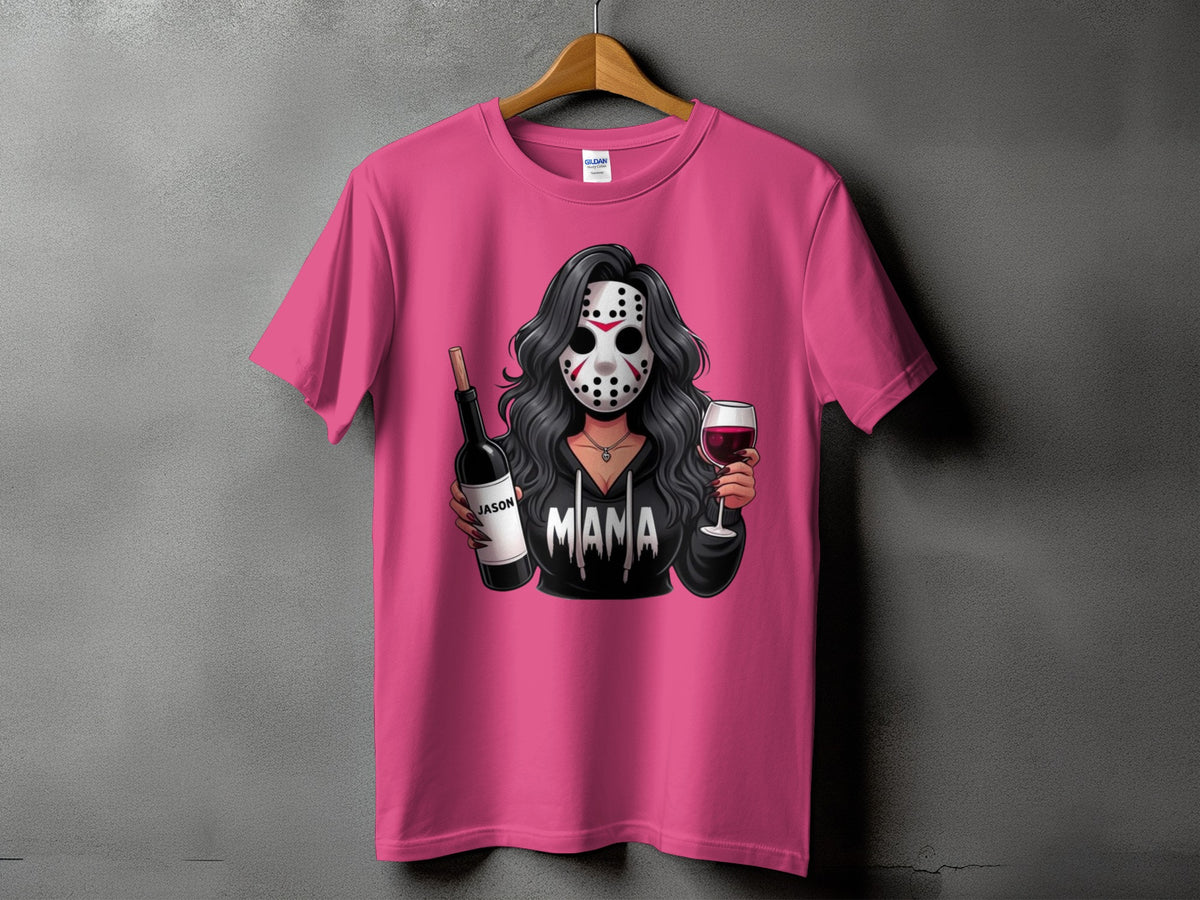 Pink t-shirt with graphic of woman in hockey mask holding wine bottle and glass.