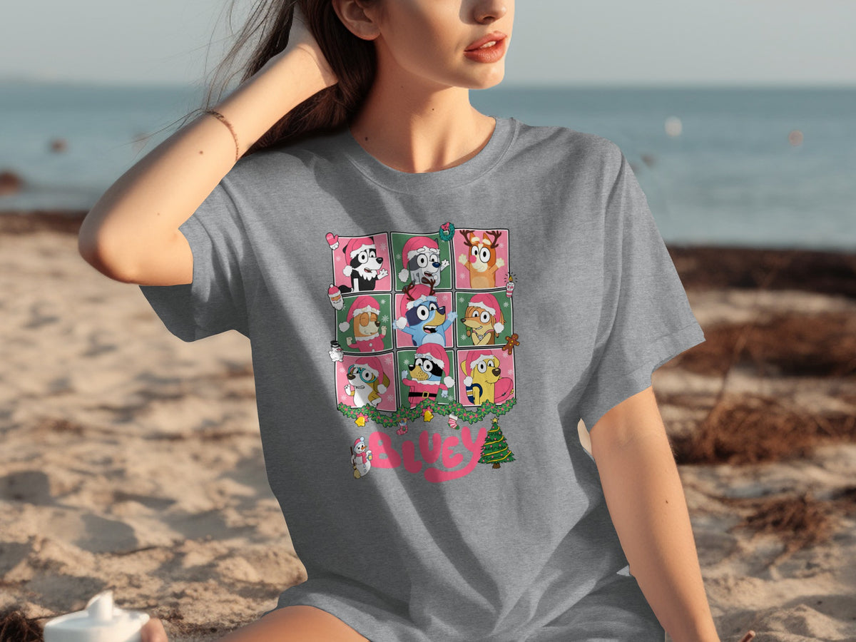 Bluey Christmas Cartoon Character Grey T-shirt