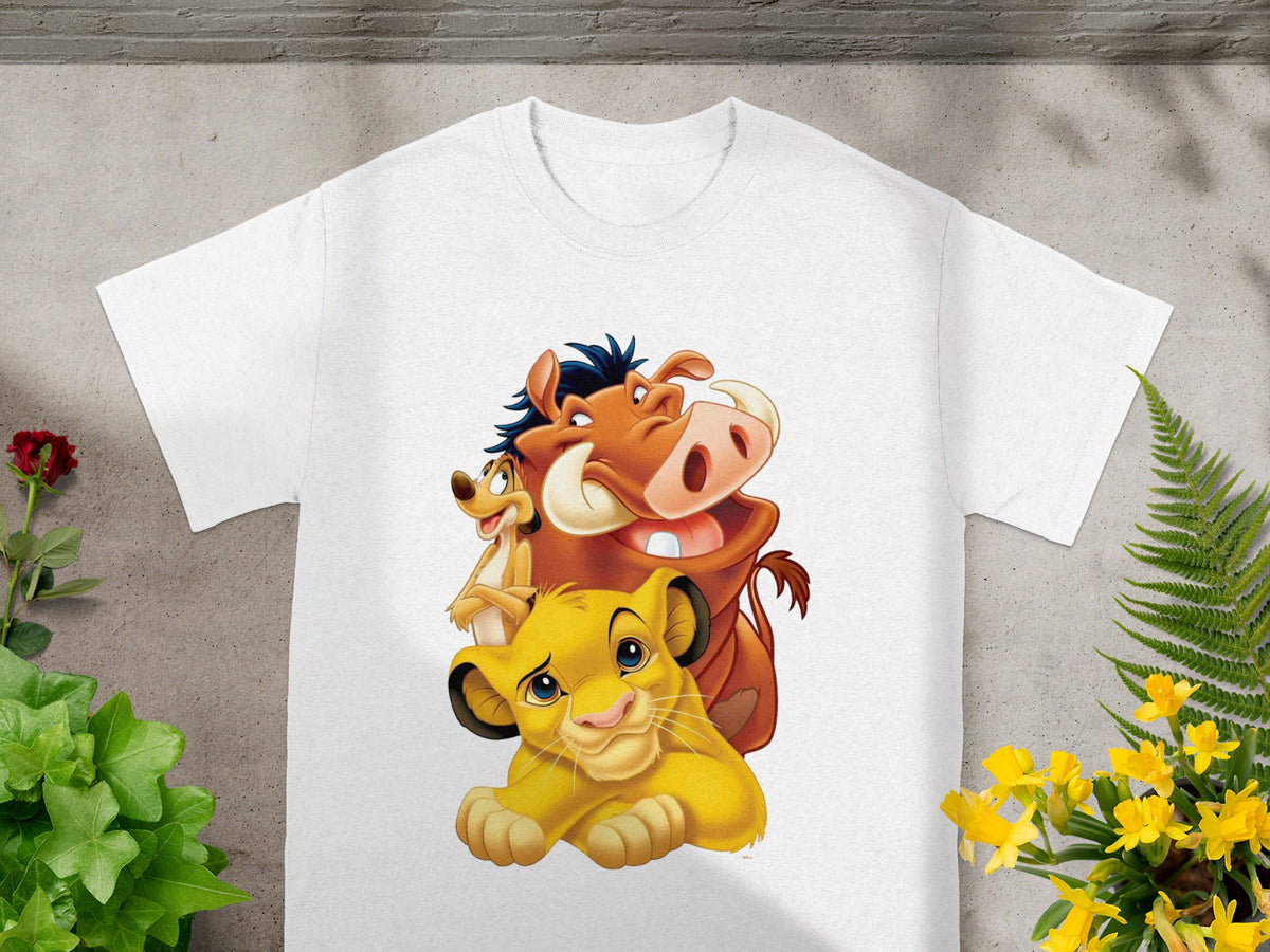 White t-shirt with The Lion King characters Simba, Timon, and Pumbaa.