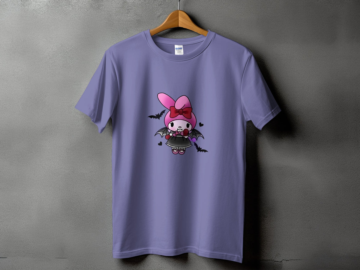 Purple t-shirt with a cartoon character dressed as a vampire, surrounded by bats.