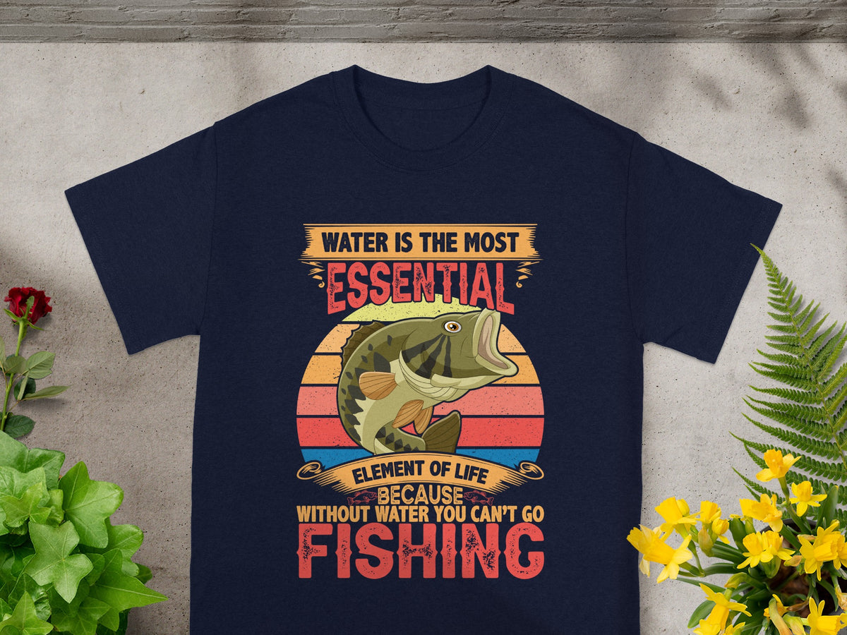 Navy t-shirt with a bass fish graphic and text about fishing.