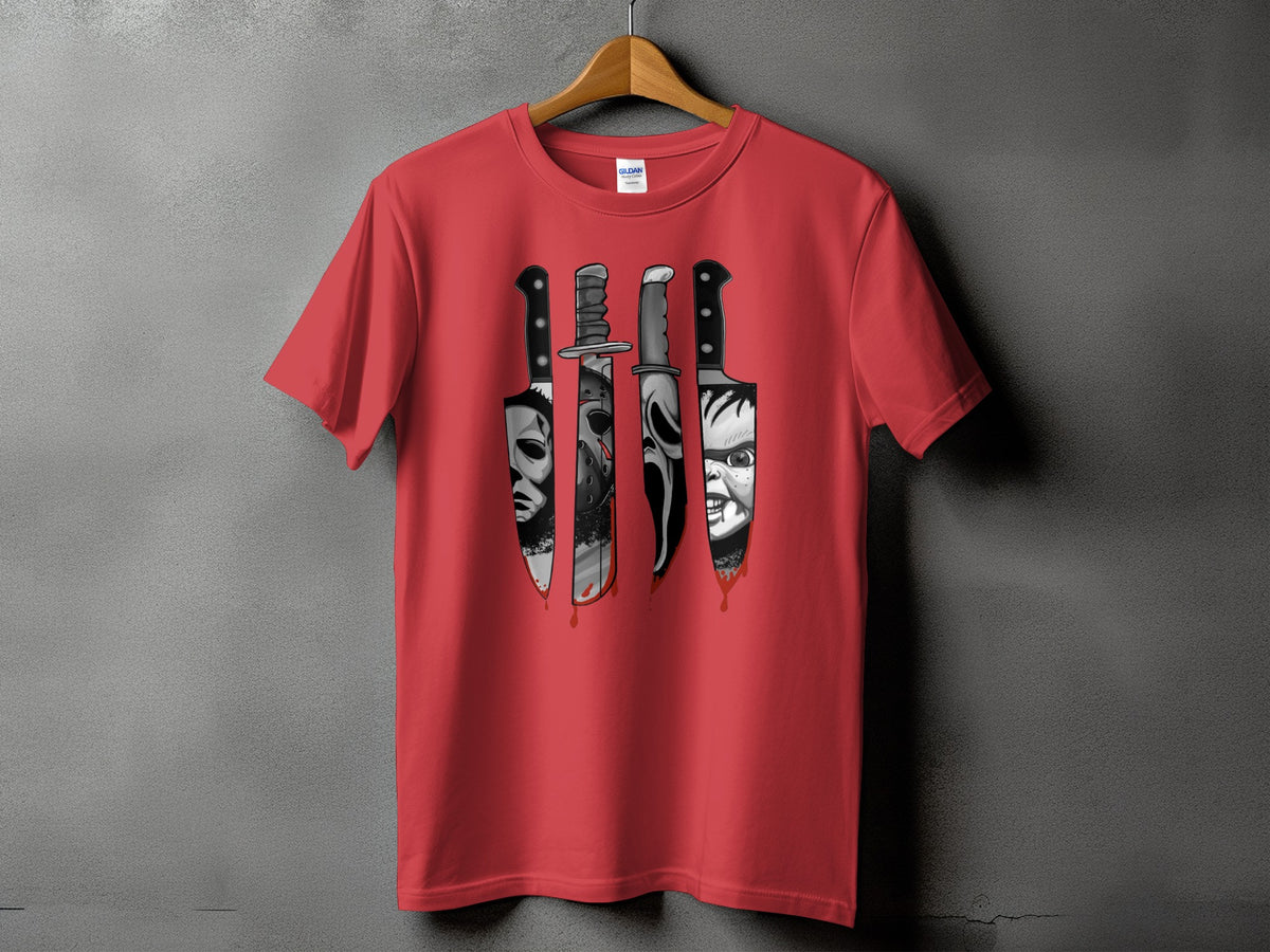 Red t-shirt with four knives featuring horror character faces and dripping blood.
