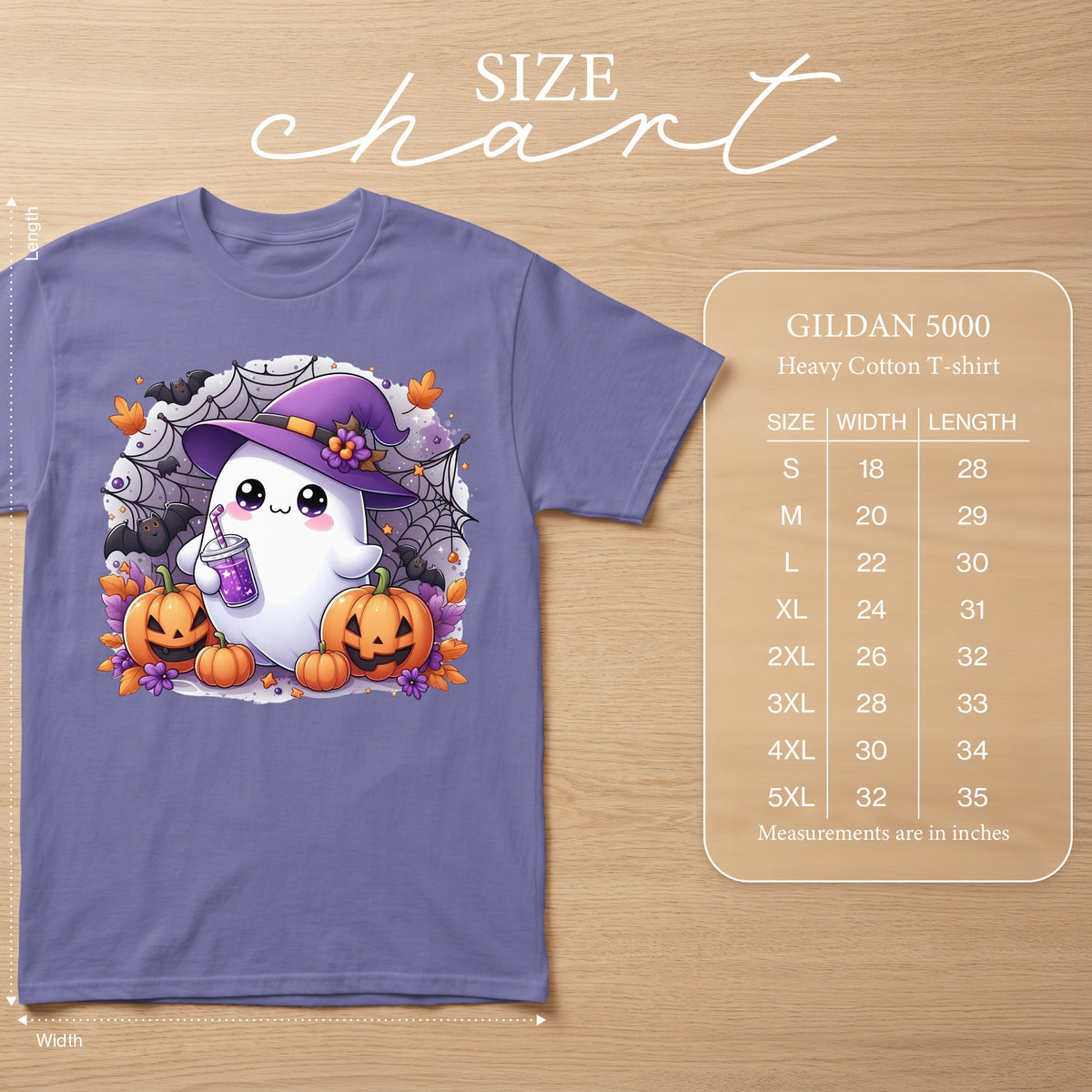 Purple Gildan 5000 Heavy Cotton T-shirt with Halloween ghost graphic and size chart.