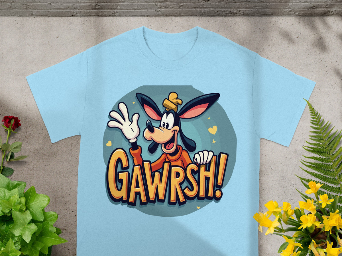 Light blue t-shirt with Goofy character and "GAWRSH!" text.