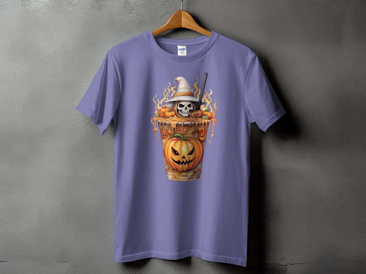 Purple t-shirt with Halloween-themed graphic of a skull in a witch hat with pumpkins.