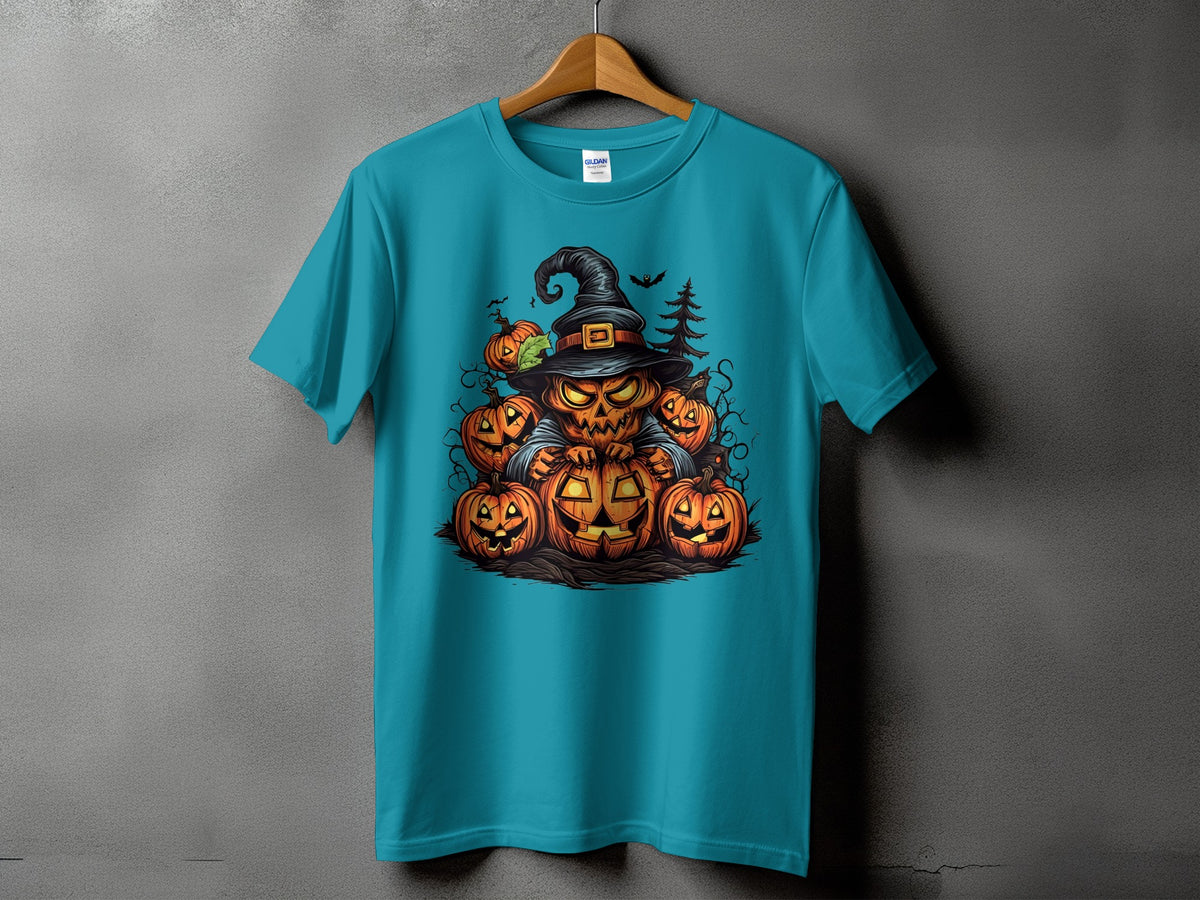 Teal t-shirt with a jack-o'-lantern and pumpkins Halloween graphic.