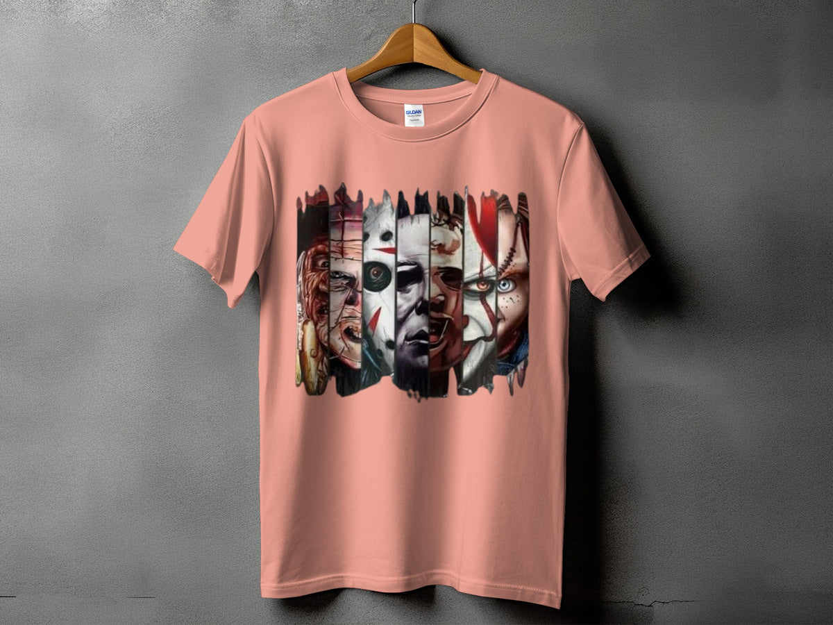 Peach t-shirt with horror movie villains montage graphic.