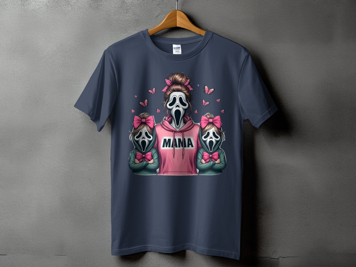Scream mask mama with two ghost face children wearing pink bows, surrounded by butterflies.