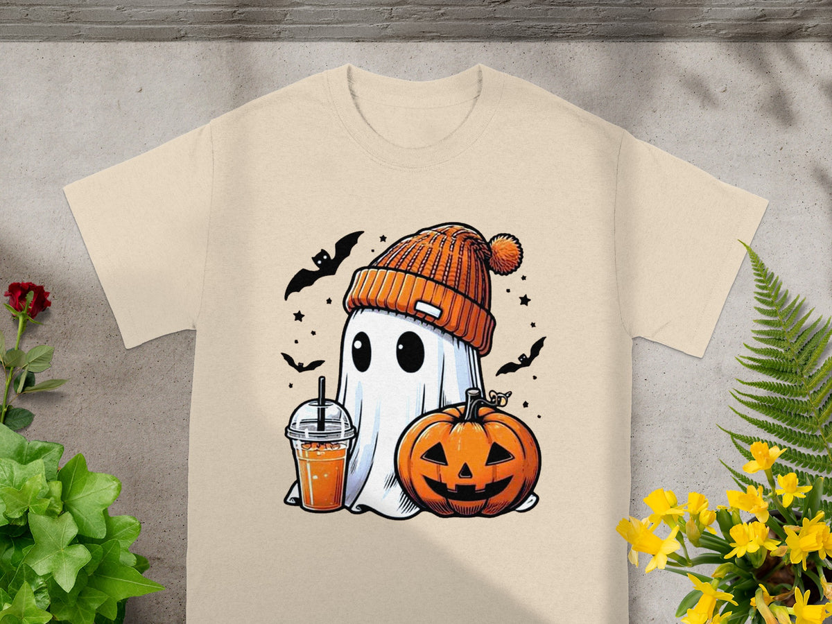 Ghost in beanie with pumpkin and drink, surrounded by bats and stars.