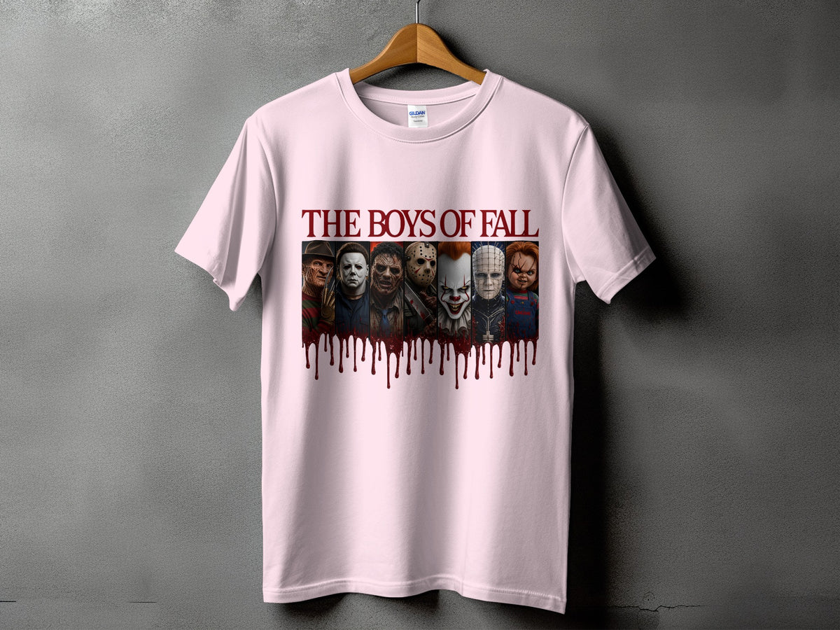 Pink t-shirt with "The Boys of Fall" text and horror villains.