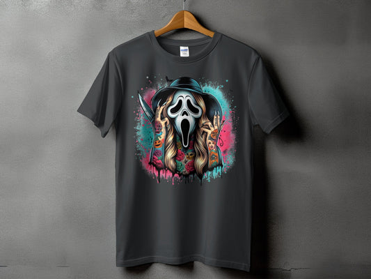 Ghostface mask with knife, tattoos, and roses on a dark grey t-shirt.