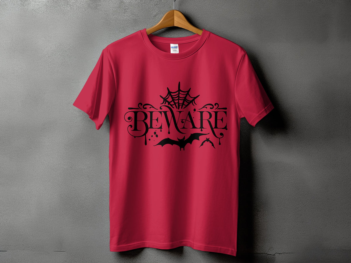 Red t-shirt with black "BEWARE" text, bats, and spiderweb graphic.