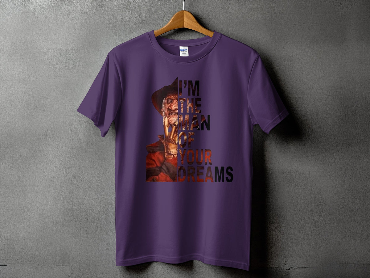Purple t-shirt with Freddy Krueger and text "I'M THE MAN OF YOUR DREAMS".