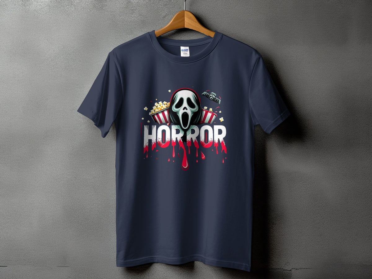 Navy t-shirt with a horror mask, popcorn, and "HORROR" text graphic.