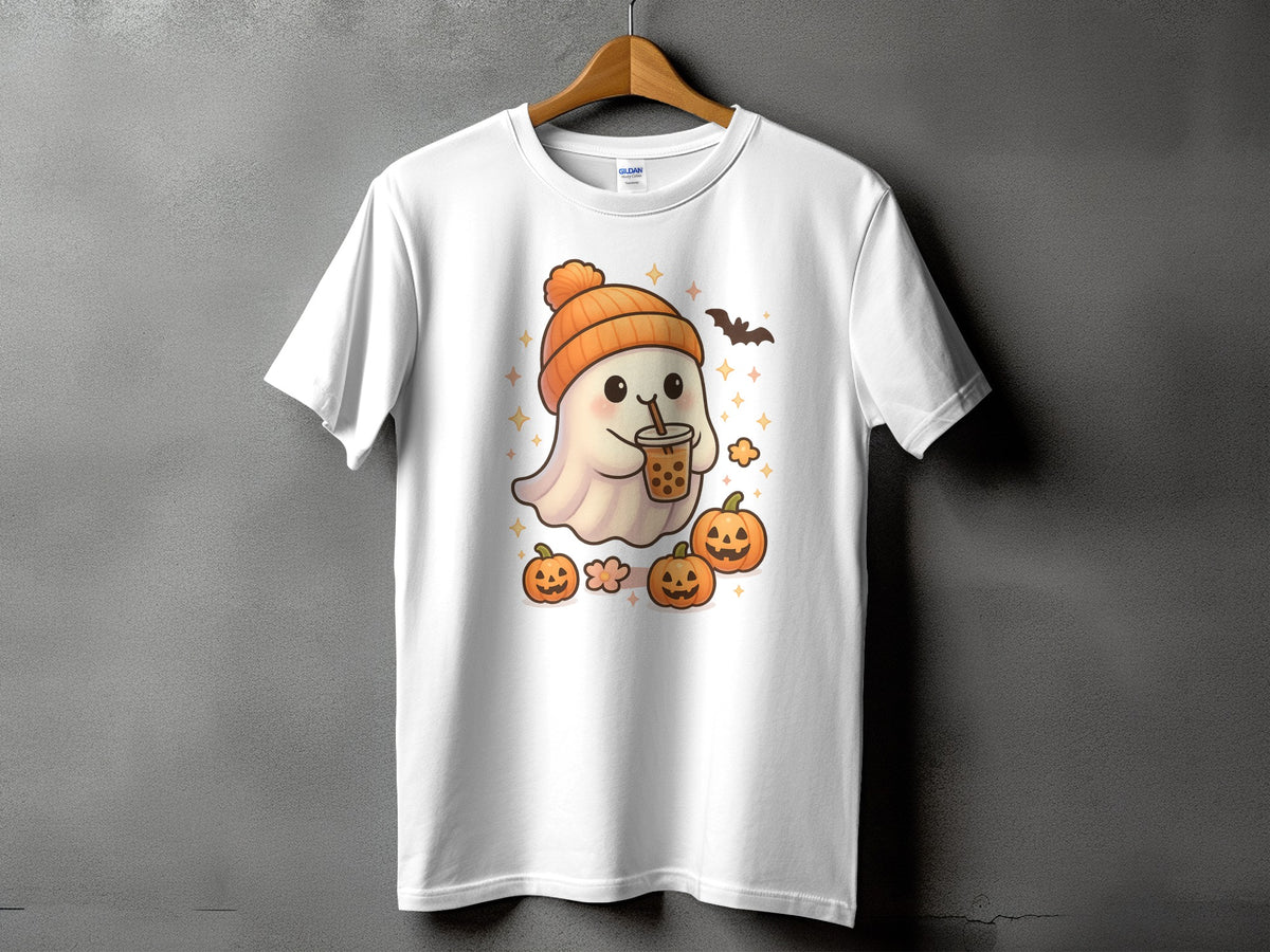 White t-shirt with a cute ghost holding boba tea and surrounded by pumpkins.