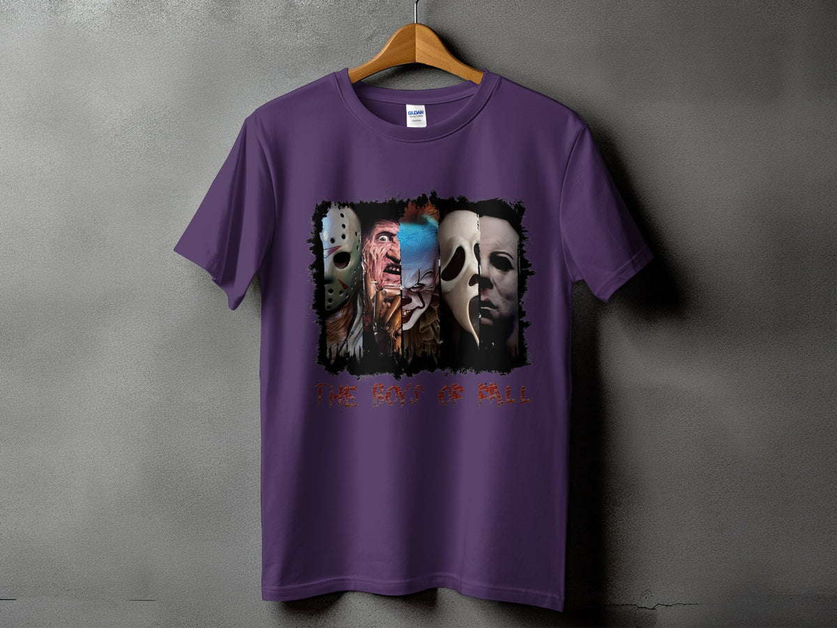 Purple t-shirt featuring Jason, Freddy, Pennywise, and Michael Myers.