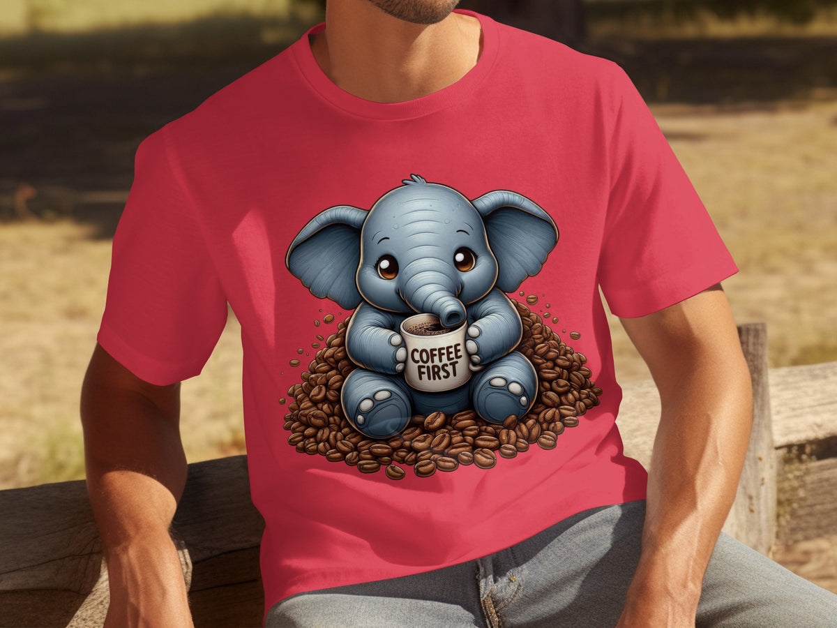 Cute Elephant with Coffee First Graphic T-Shirt