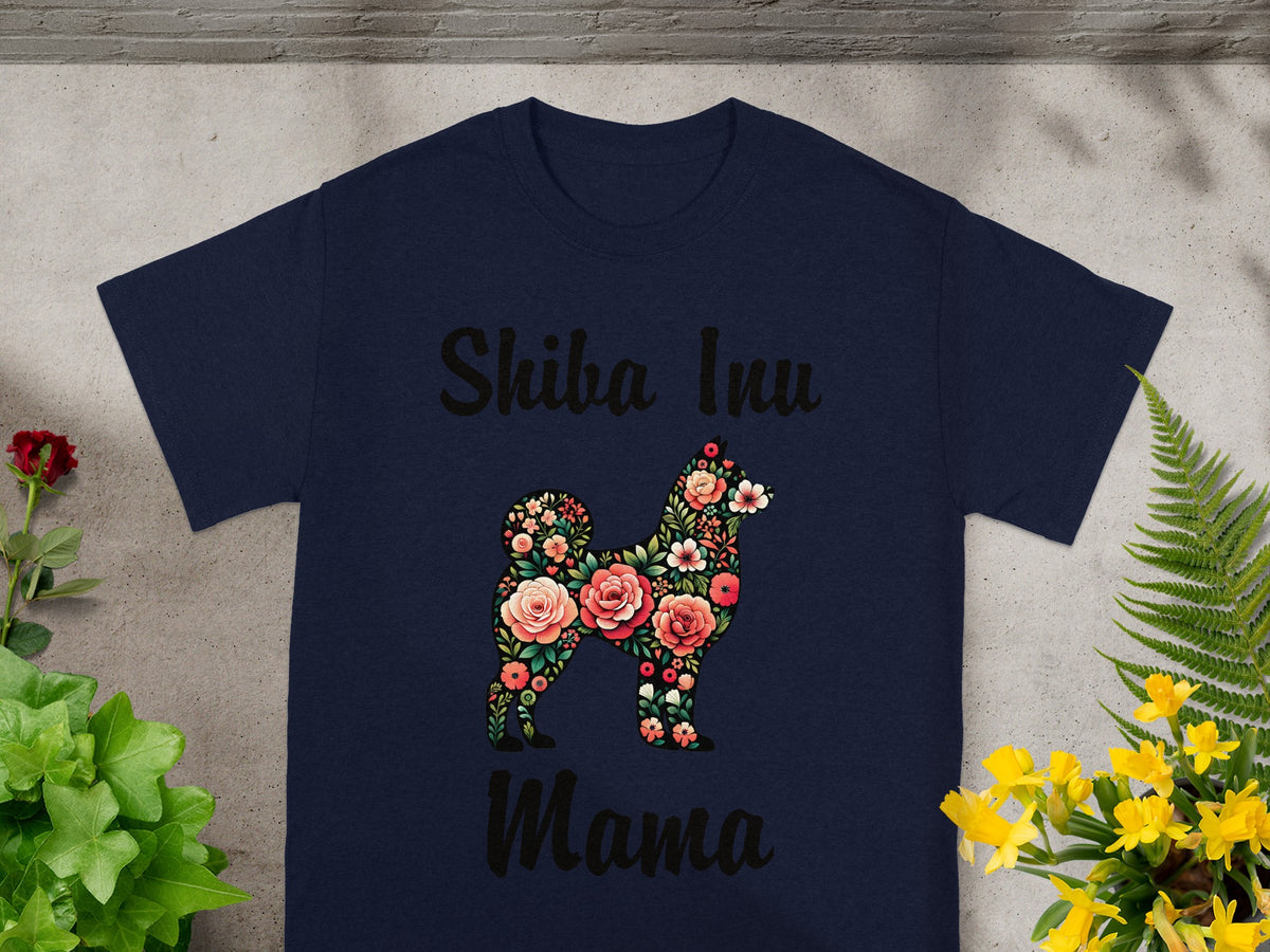 Navy t-shirt with Shiba Inu silhouette filled with flowers, text reads "Shiba Inu Mama".