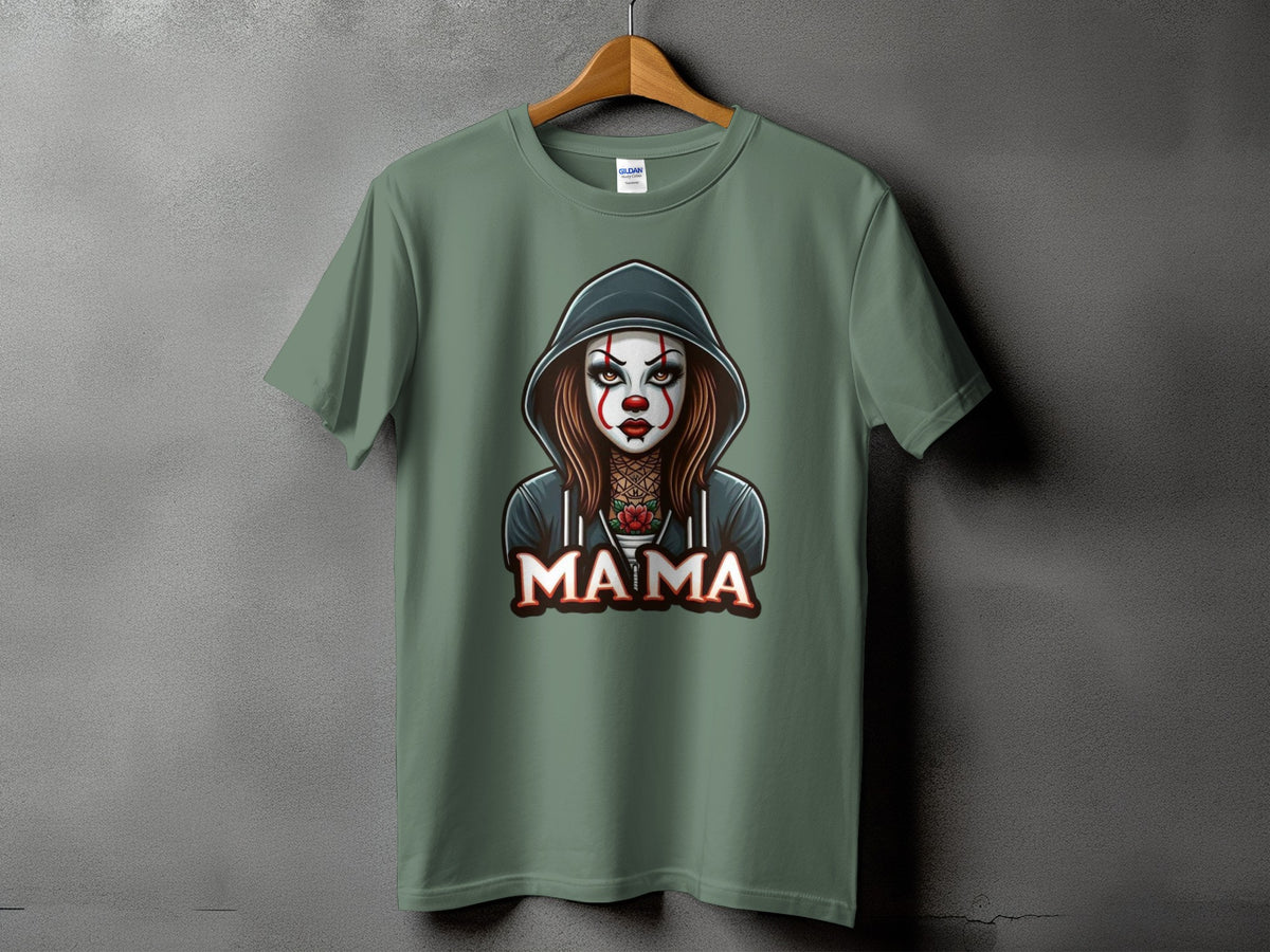Green t-shirt with a hooded clown woman graphic and the word "MAMA".