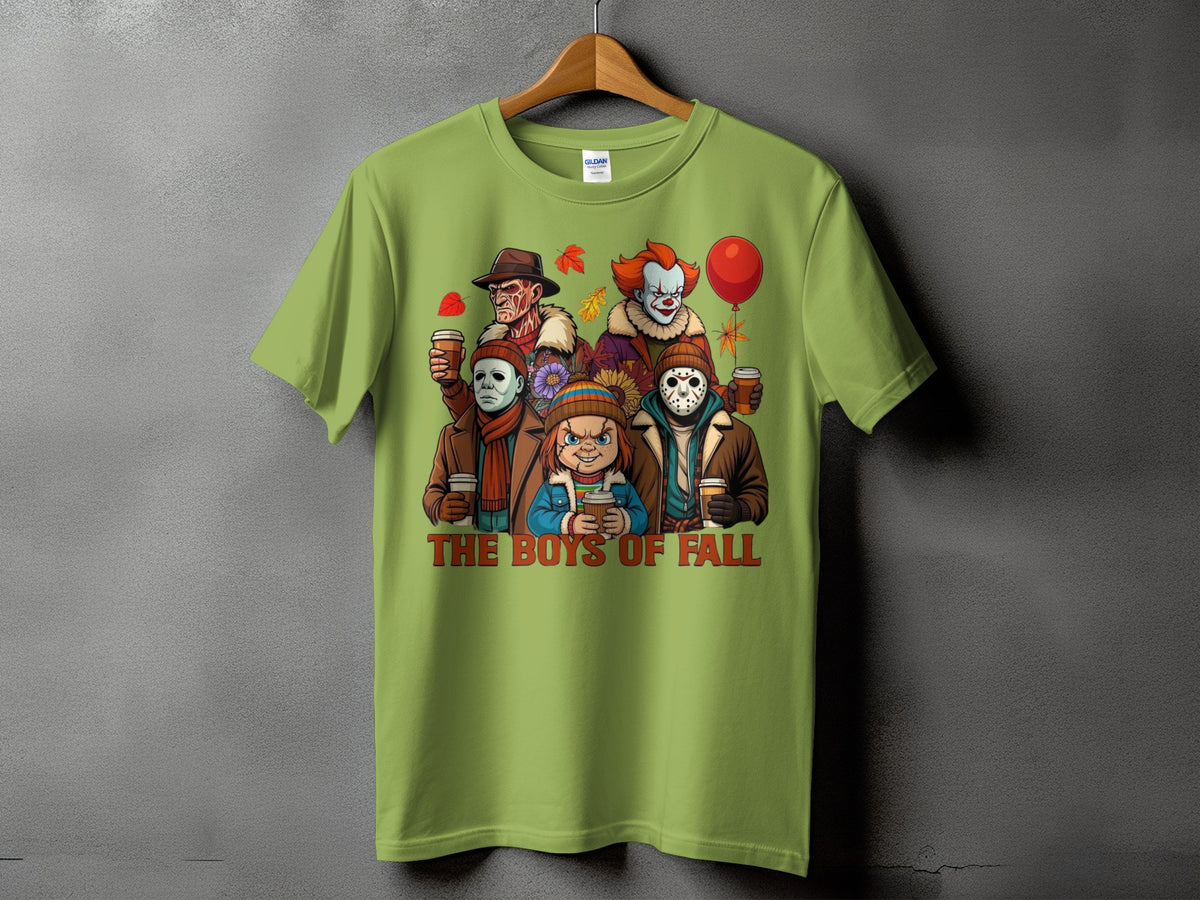 T-shirt with horror characters holding coffee cups and "The Boys of Fall" text.