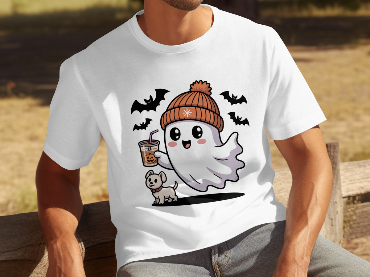 Cute Ghost with Coffee and Dog Halloween Shirt