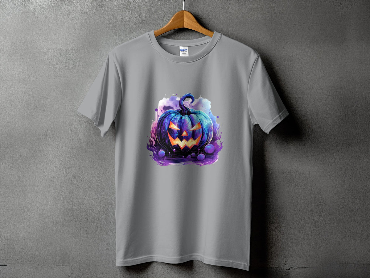 Gray t-shirt with a vibrant, stylized jack-o'-lantern illustration.