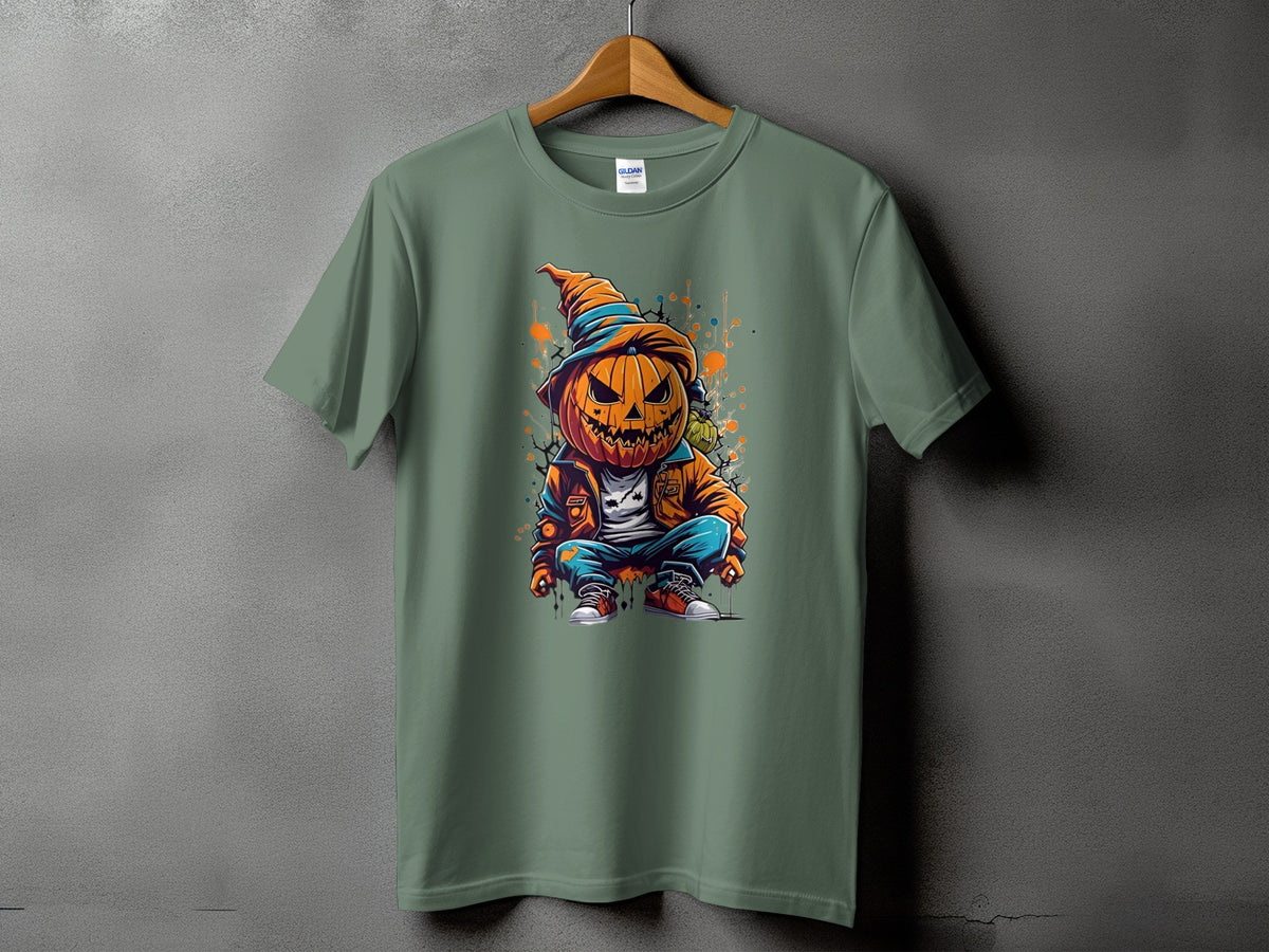 Green t-shirt with cartoon jack-o'-lantern wearing a hat and jacket.