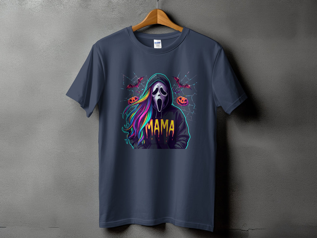 T-shirt featuring a Ghostface mask, colorful hair, and "MAMA" text, with bats and pumpkins.